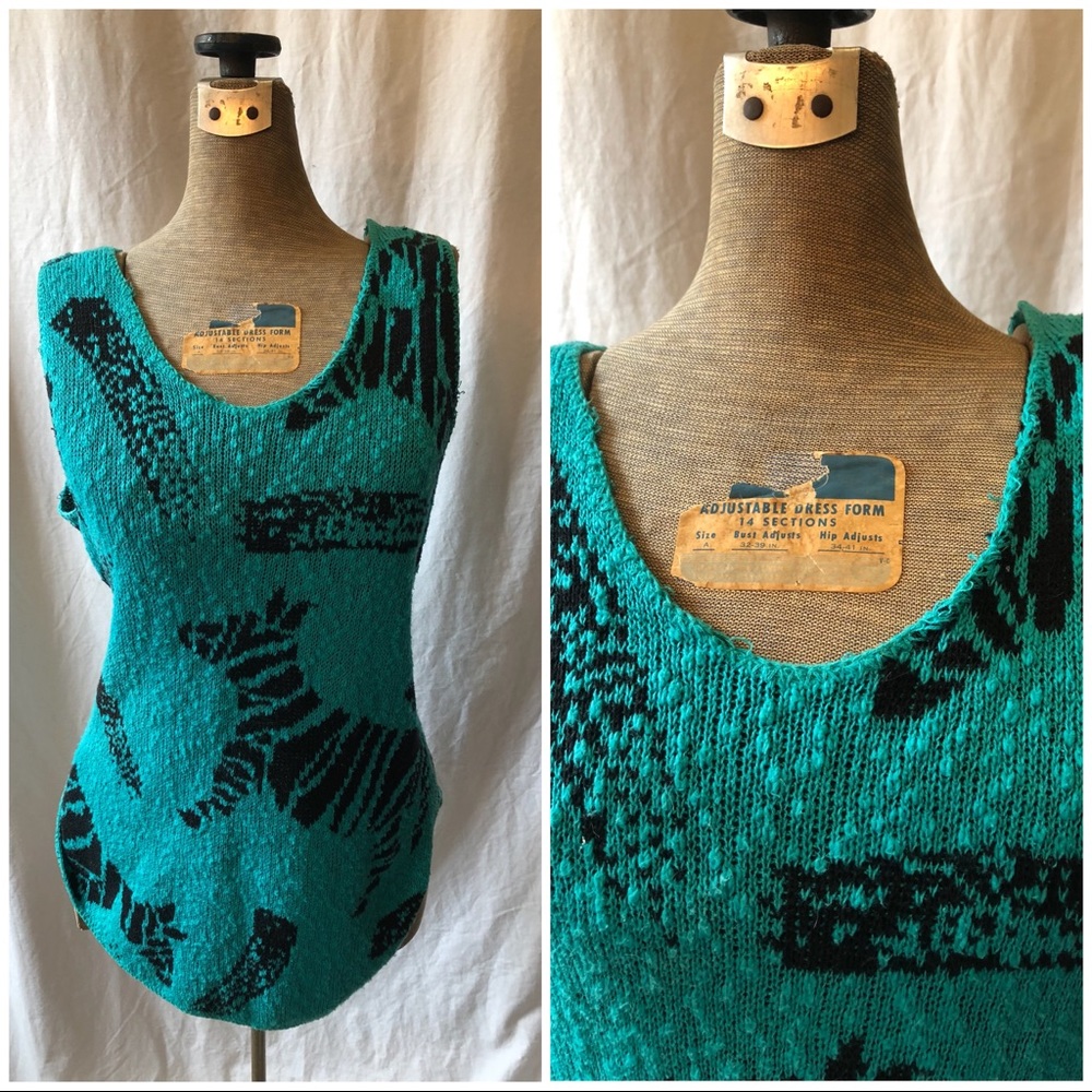 Vintage 80s Turquoise Zebra Sleeveless Knit Top